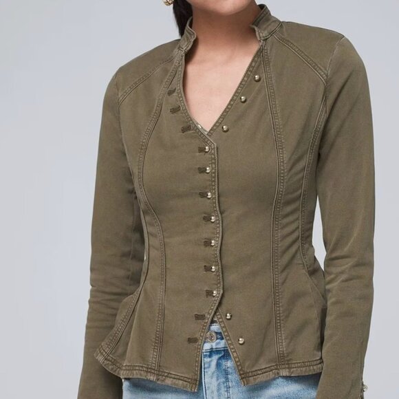 Shaped Peplum Olive Green Denim Military-Style Jacket – Size 2 - Picture 2 of 7